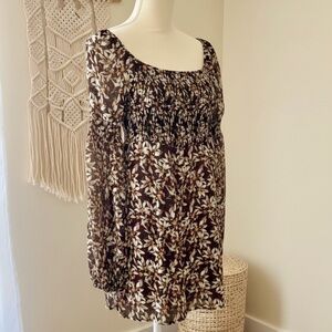 Guess| Brown & Cream Fall Floral Smocked Boho Long Sleeve Mini Dress Sz XS
